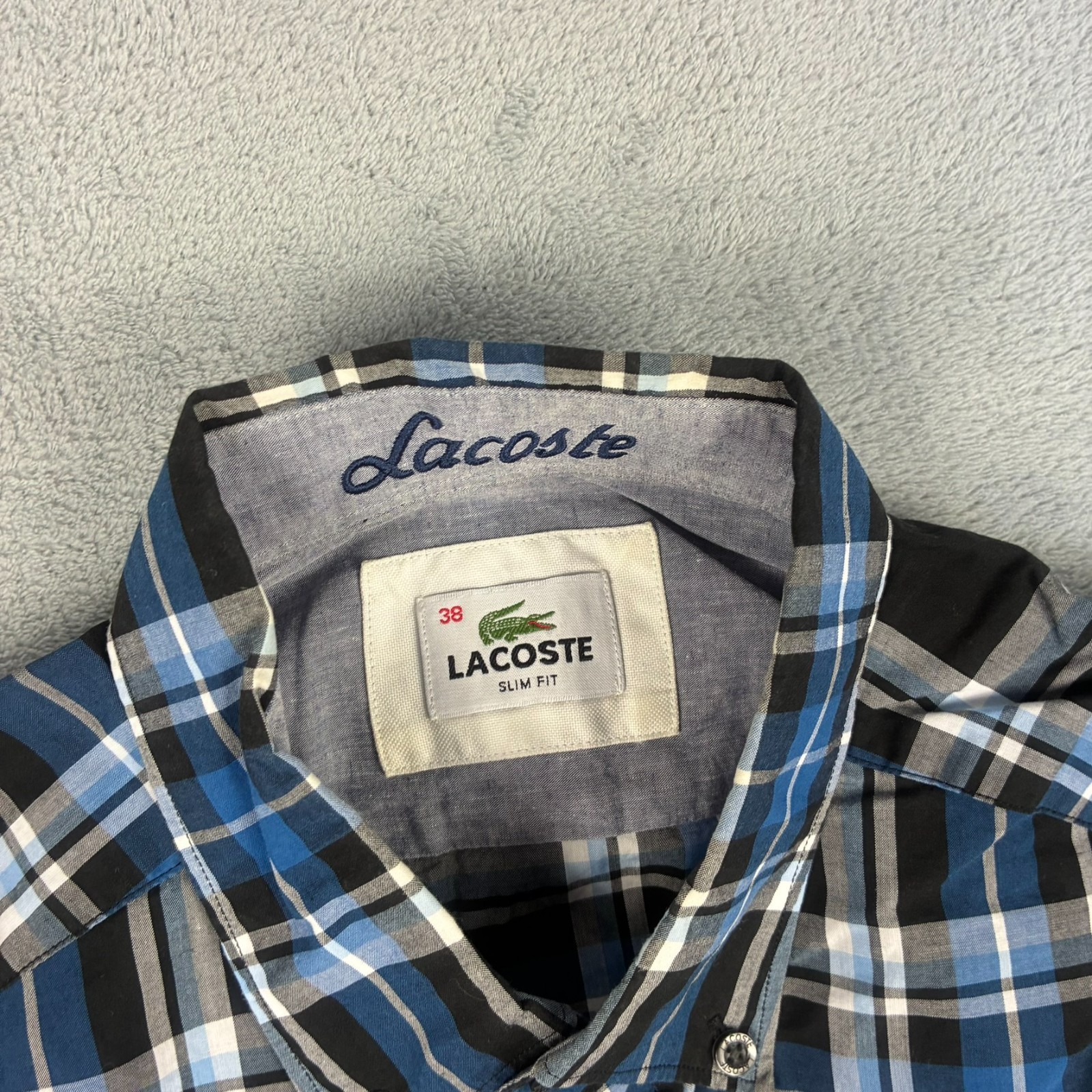 VTG Lacoste Blue Black Plaid Check Size 38 / Small Slim Fit Button Down Shirt image 4