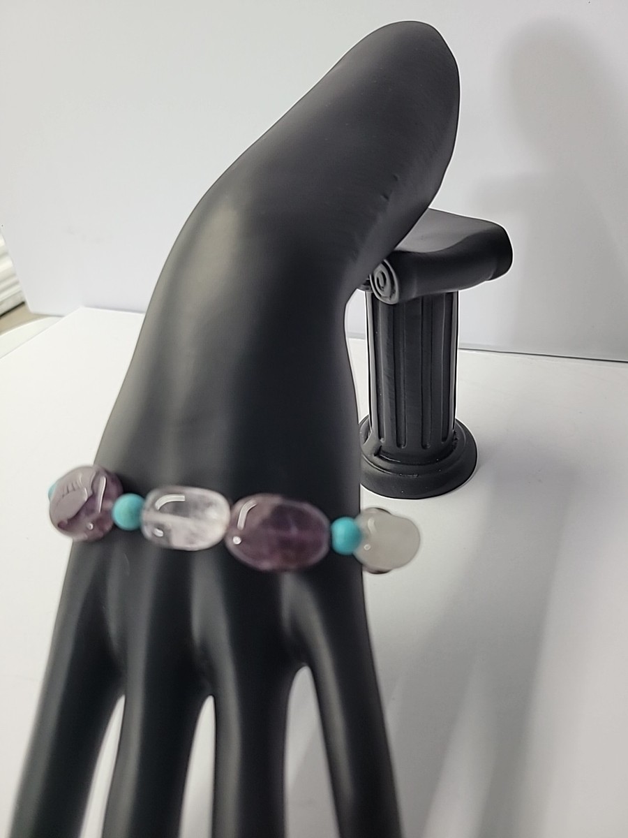 Vintage Handpicked 925 Sterling Silver Amethist Quartz Turquoise Beaded Bracelet View 4
