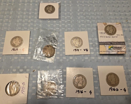 LOT OF 9 BARBER SILVER QUARTERS 1899 1909 1914 1915 1916 P / D mints Full Date