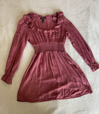 FOREVER 21 Pink Ruffle Smocked Scoop Neck Long Sleeve Mini Dress Rayon Size S