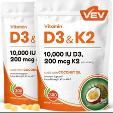 VEV Vitamin D3 K2 10000 IU 300 Virgin Coconut Oil Softgels 2 in 1 Formula