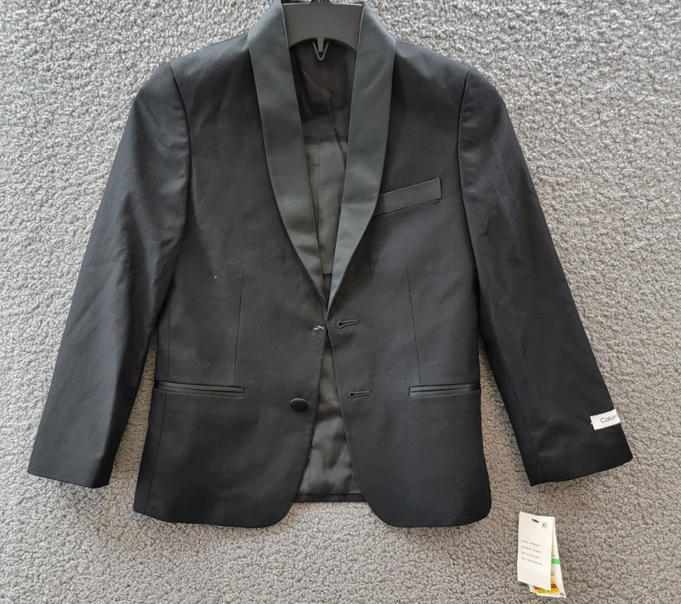 Traje de Esmoquin Calvin Klein Chaqueta Niños Grandes 8 Negro Mezcla de Lana Sólida Bolsillos Ribeteados Foto 2 de 4