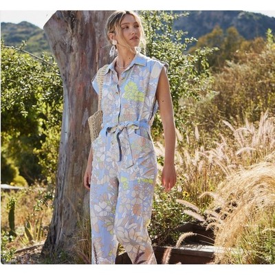 Current Air Floral Print Linen Blend Utility Jumpsuit Size M Blue Yellow Belt