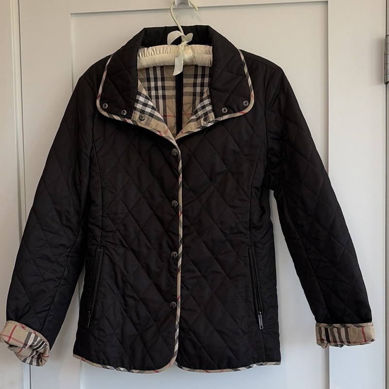 Burberry London Women’s Black Quilted Short Jacket Check Lining XS Pockets