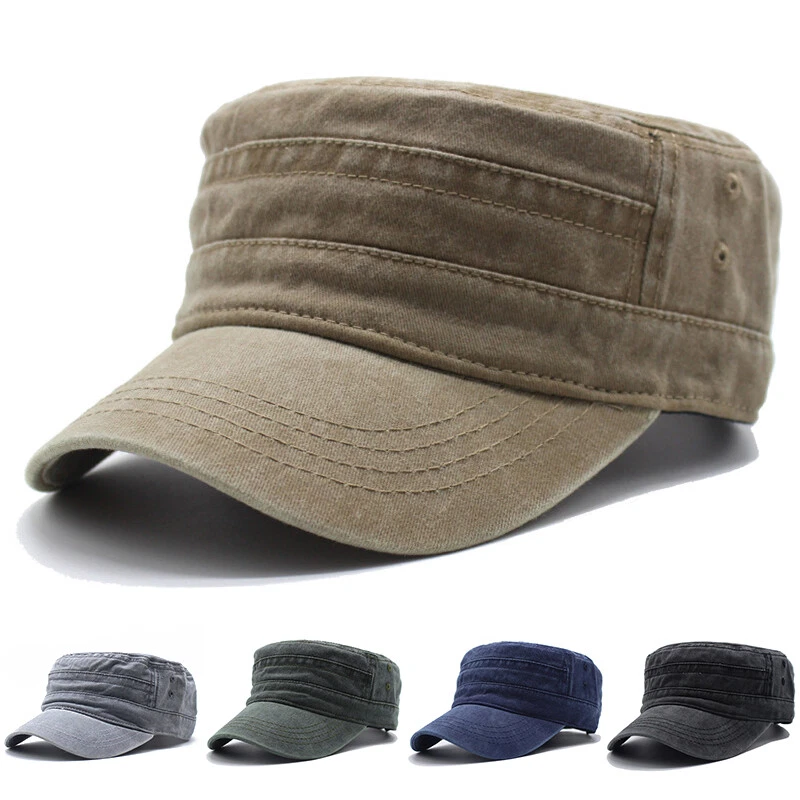 Mens Washed Military Cap Cadet Army Caps Unique Design Vintage Flat Top Hat Gift