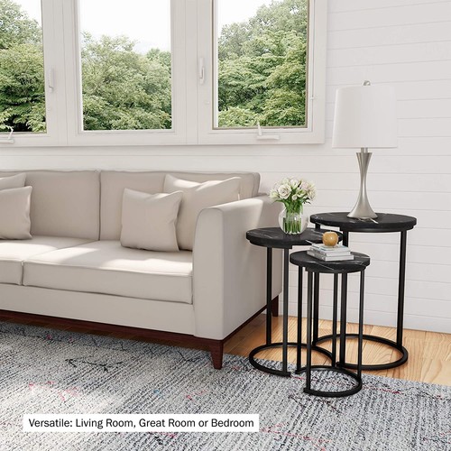 Set of 3 Round Marble Look MDF Steel Nesting Side Coffee Tables Stacking Sofa - Picture 17 of 26