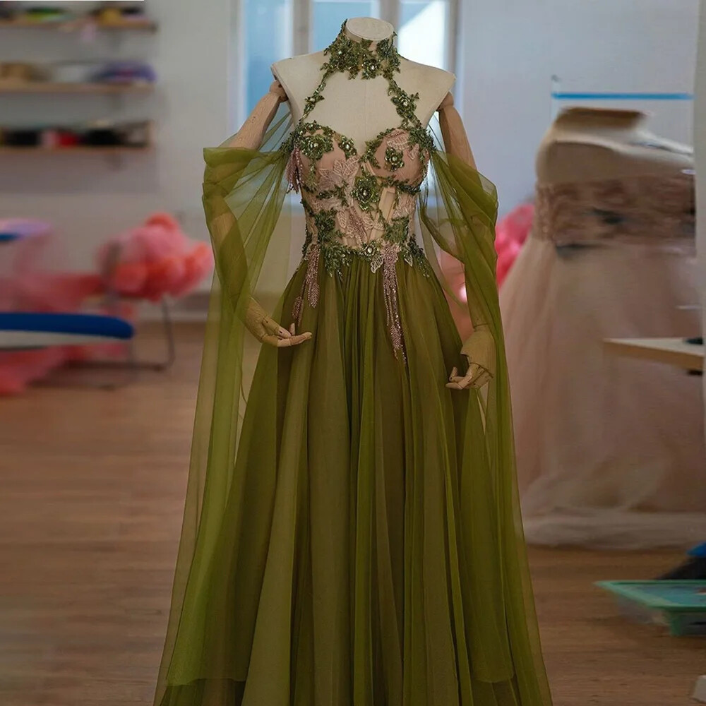 Halter Green Tulle Dress A-line Crystals Beaded Applique Party