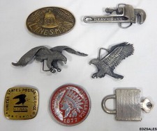 7 Belt Buckles - Eagles, Bell Linesman, Wrench, Coin, Mail, Lock