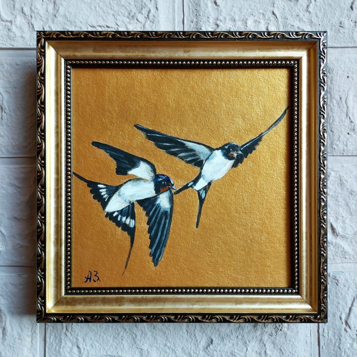 Swallow Bird painting Couple of swallows Art Gold Framed Fly