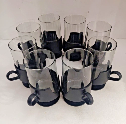 Set of 8 Corning Glas-Snap 8 oz Mugs Glasses Cups w/Black Bases