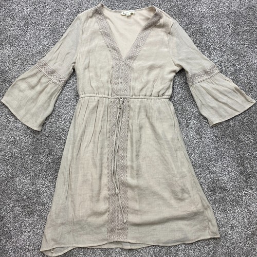 Indigo Rose Dress Women's Medium Beige Boho Bell Sleeve Lace Trim Tie Waist