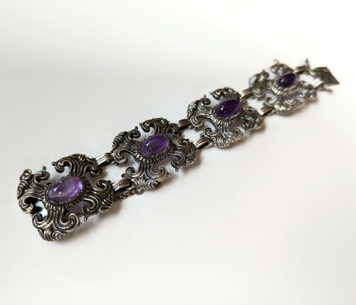 Vintage Amethyst Signed BAS Panel Bracelet 925 Sterling Silver Art Nouveau Style - Picture 3 of 8