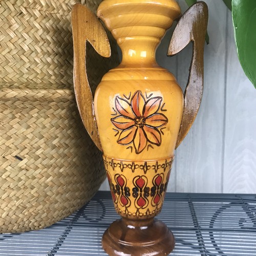 Vintage Hand Carved Wooden Vase Mid Century Modern Home Decor - Picture 2 of 9