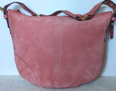 COACH Suede Leather Hand Bag Shoulder Bag Hobo Coral Pink