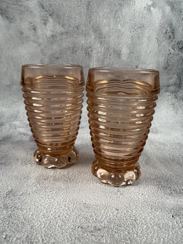 2 Anchor Hocking: Manhattan Depression Glass Pink 10oz Footed Tumblers 1938-43