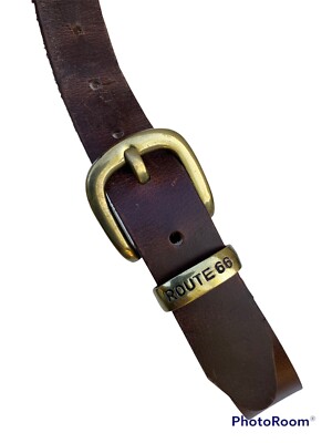 Route 66 Brown Leather Belt Size Medium Brass Logo Buckle