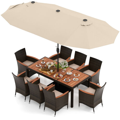 9 Piece Patio Wicker Dining Set w/ Double-Sided Patio Umbrella, Stackable Chairs