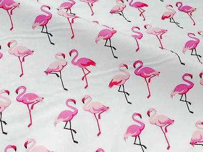 LUSHFABRIC PINK FLAMINGO 100% Cotton Poplin Fabric bird print Material -150cm wide - WHITE