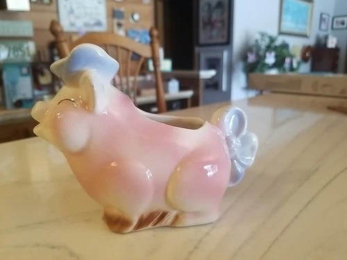 Shawnee Cheerful Pink Pig Art Pottery Vintage Creamer Pat Pending Blue Beret