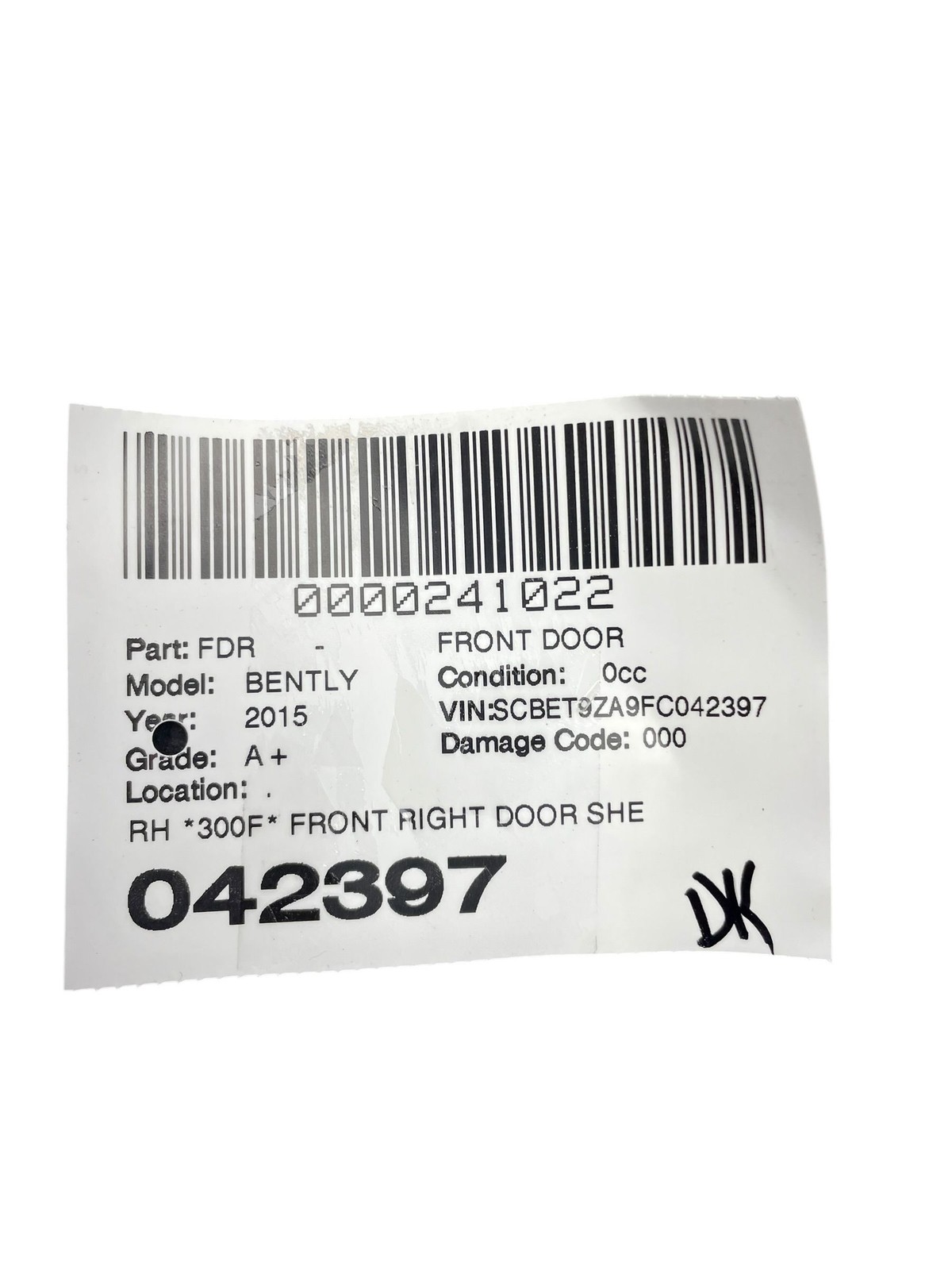 2014-2019 BENTLEY FLYING SPUR 4W 223B FRONT RIGHT DOOR SHELL |BLACK 6923 *CRACK*