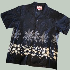 RJC Hawaiian Shirt Mens Large Black Palm Tree Hibiscus Floral Aloha Made in USA