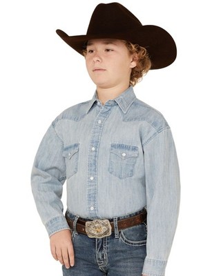 Rock & Roll Denim Boys' And ' Light Wash Long Sleeve Pearl Snap Western -