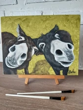 Two Funny Donkey Original Oil Painting 12x9 Donkey Portrait Curious Donkey Art