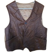 Vintage 1970s Dark Leather Vest Button Front Pockets Rockabilly Mens Size L