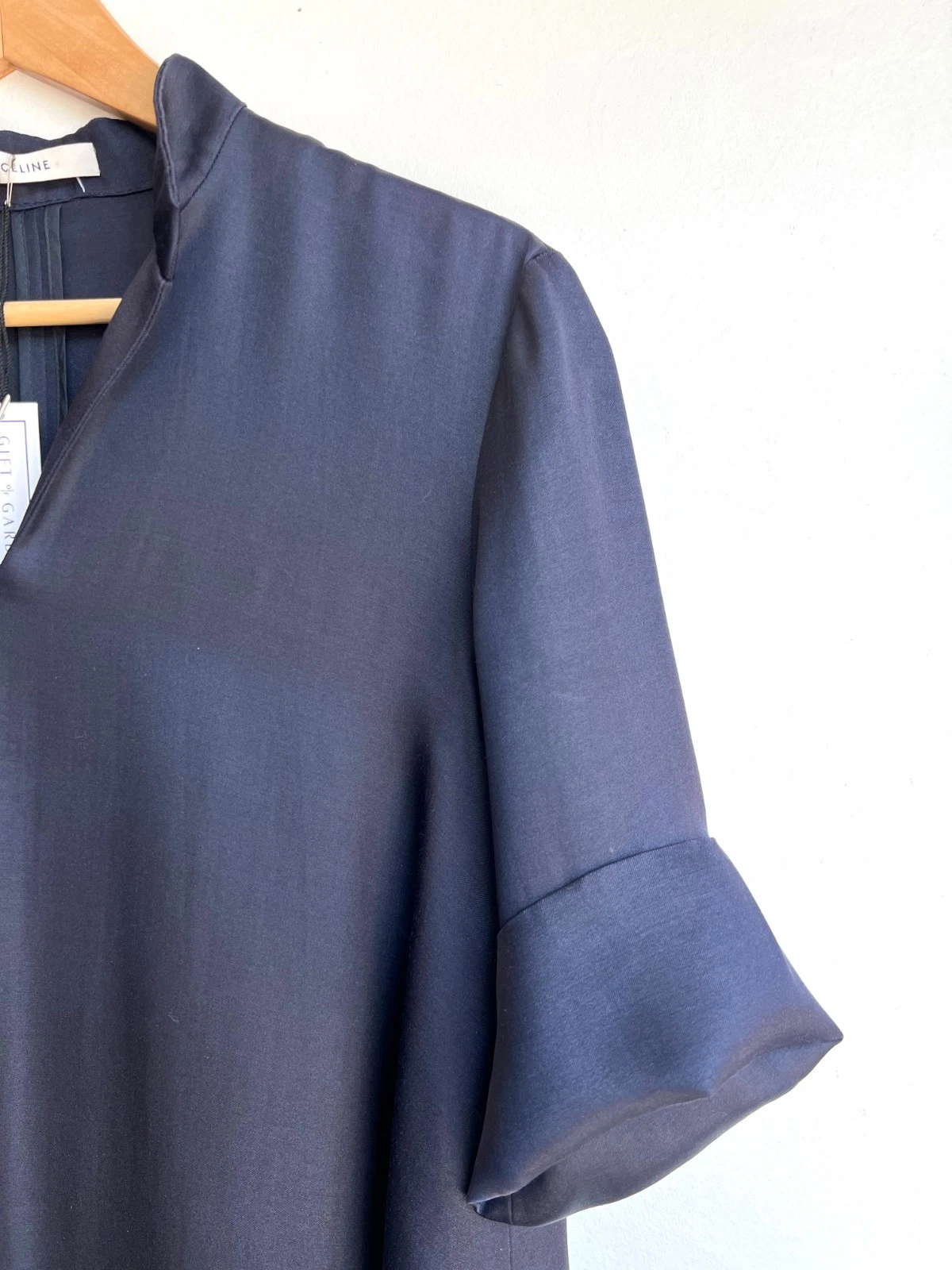 Abito CELINE blu navy scuro scollo a V manica a 3 4 polsini lunghezza ginocchio linea A 40 8