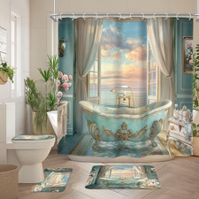 NEW 4 Pcs Shower Curtain Set with Non-Slip Rugs Toilet Lid Cover and Bath Ma