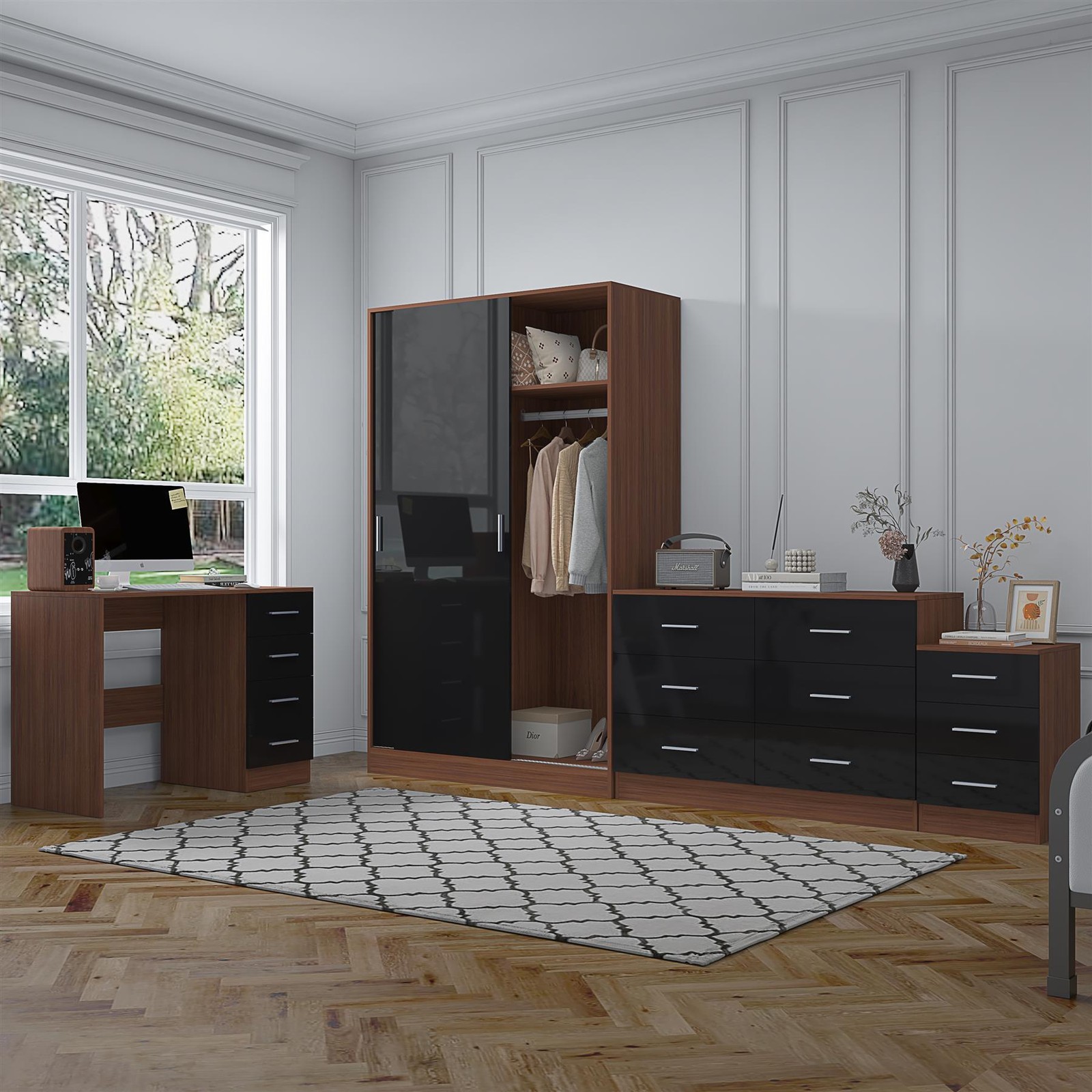 REFLECT Sliding Wardobe + Wide Chest of Drawers + Bedside + Desk - Black/Walnut