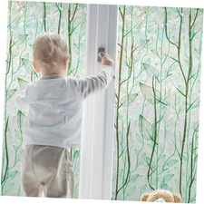 Decorative Privacy Window Film Green Rainbow Leaf Stained Glass Door Clings 