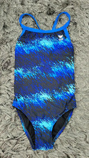TYR Swimsuit Girls 28 Blue Black One Piece Racing Thin Strap Polyester Spandex