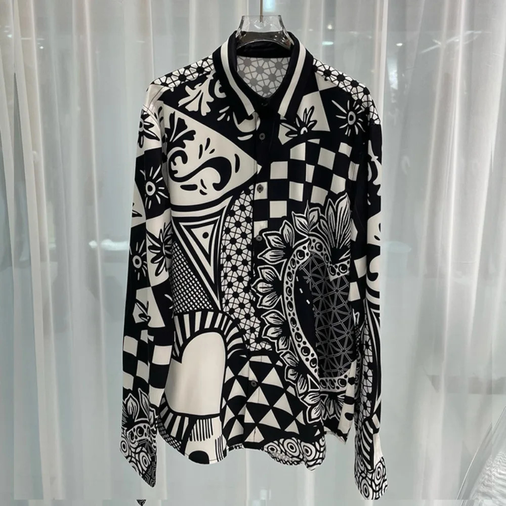  Button Down Shirt Men Fashion Black and White Summer Long Sleeve Casual Shirts
