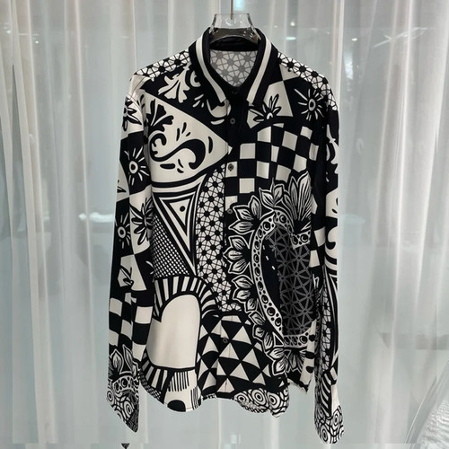  Button Down Shirt Men Fashion Black and White Summer Long Sleeve Casual Shirts