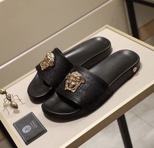 Men's Black Gold Versace Medusa Palazzo Sandals Slides Flip Flops