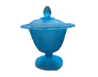 Vintage Indiana Glass frosted Blue Pedestal Lidded Covered Candy Dish compote