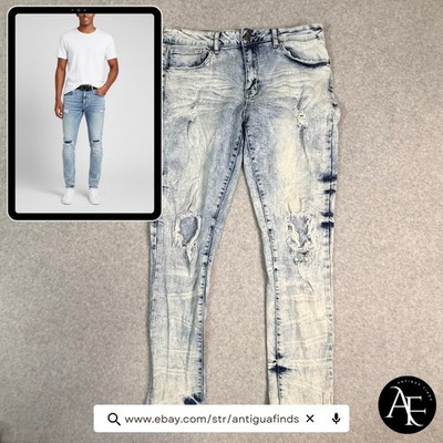Rue21 Premium Supreme Flex Skinny Jeans Mens 34x32 Distressed Acid Wash Blue