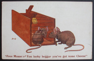 F E MORGAN Comic MOUSE TRAP MICE LUCKY BEGGAR TRAPPED MOUSE HAS SOME CHEESE