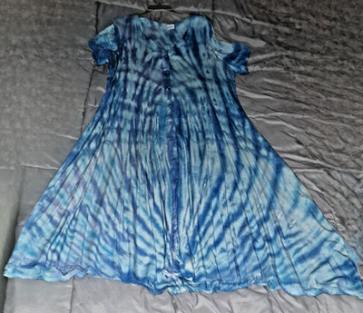 BLUES! Tie Dyed Rayon Short Sleeve Button Maxi Dress. Hand Dyed and Color Fixed.
