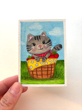ACEO Original - Cute Gray Cat in Strawberry Basket Miniature Painting -3.5 X 2.5