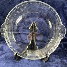 Pyrex 9.5" Deep Dish Pie Pan Clear Glass Crimped with Handles #229 Made USA Vtg
