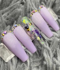 Long coffin purple press on nails rhinestones glitter ombr  matte handmade gel