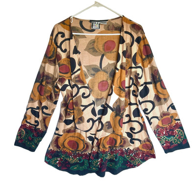 Take Two Scroll Whimsical Cardigan Mix Print Open Front Artsy Womens L XL Vtg