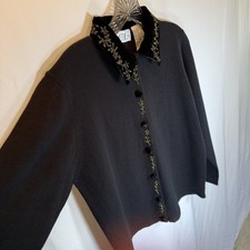 Vtg Cardigan Sweater Woman Petite M Black Gold Floral Velvet Cottage Granny Goth