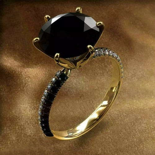 2CT Round Lab Created Black Diamond Solitaire Women Ring 14K Yellow Gold Plated - Picture 2 of 5