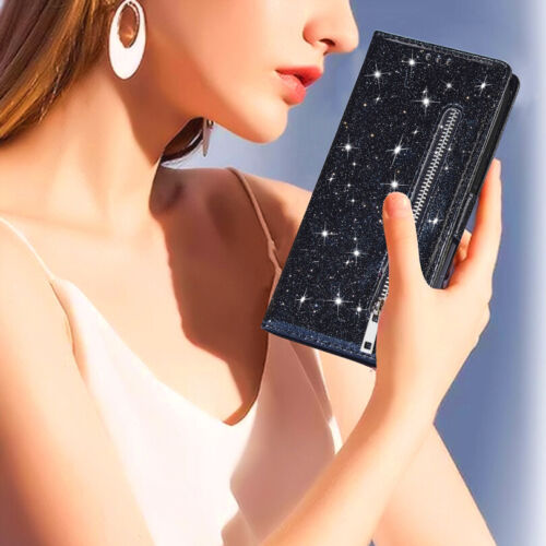 For Xiaomi Redmi Note 11s 10s 9s 8 Pro Glitter Wallet Case Card Zip Flip Cover - Picture 10 of 18