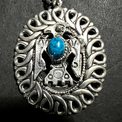 Silvertone and Turquoise Oval Pendant 24'' Cable Chain Southwest Eagle Design