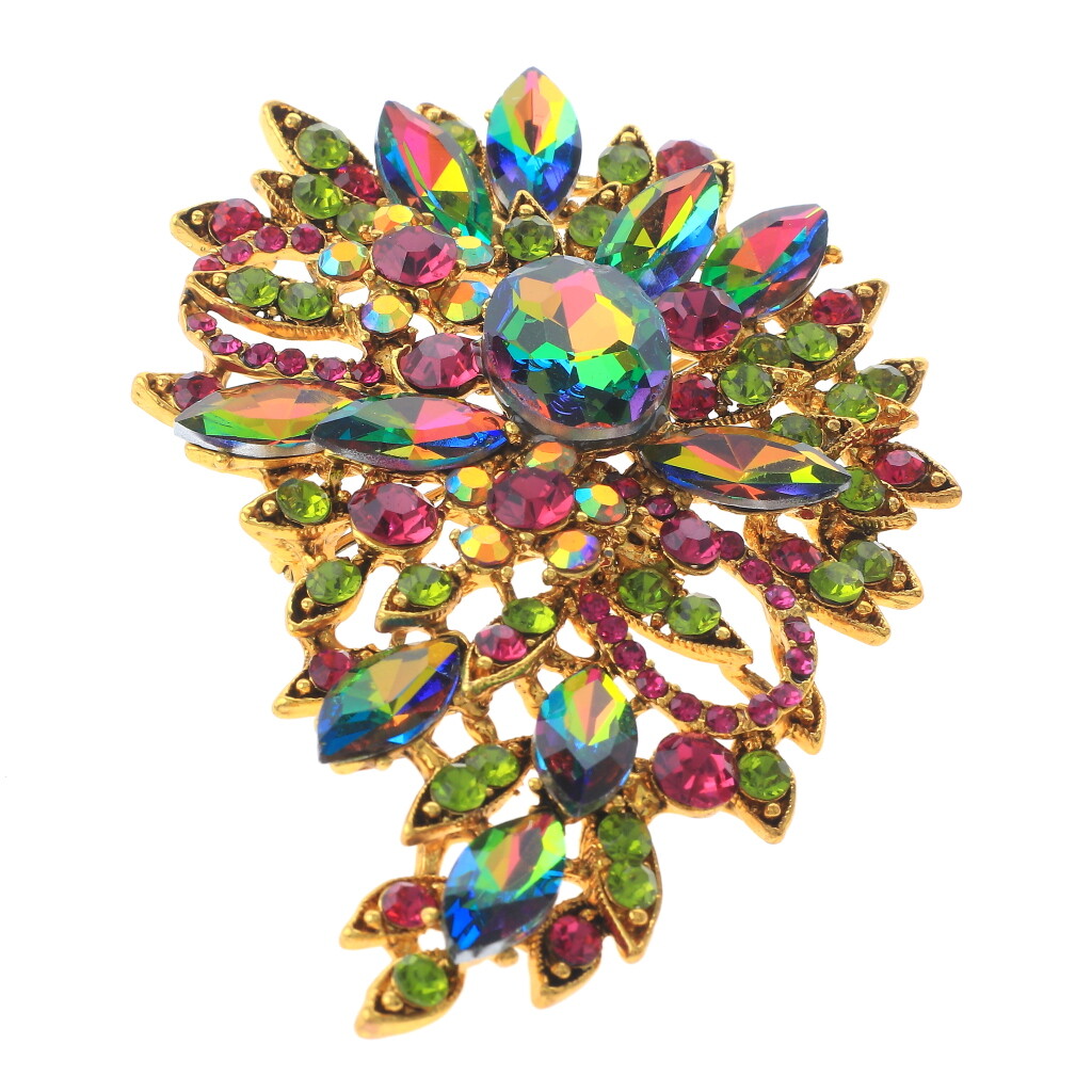 Gold Tone Metal Crystal Rhinestone Flower Brooch P1246-VM