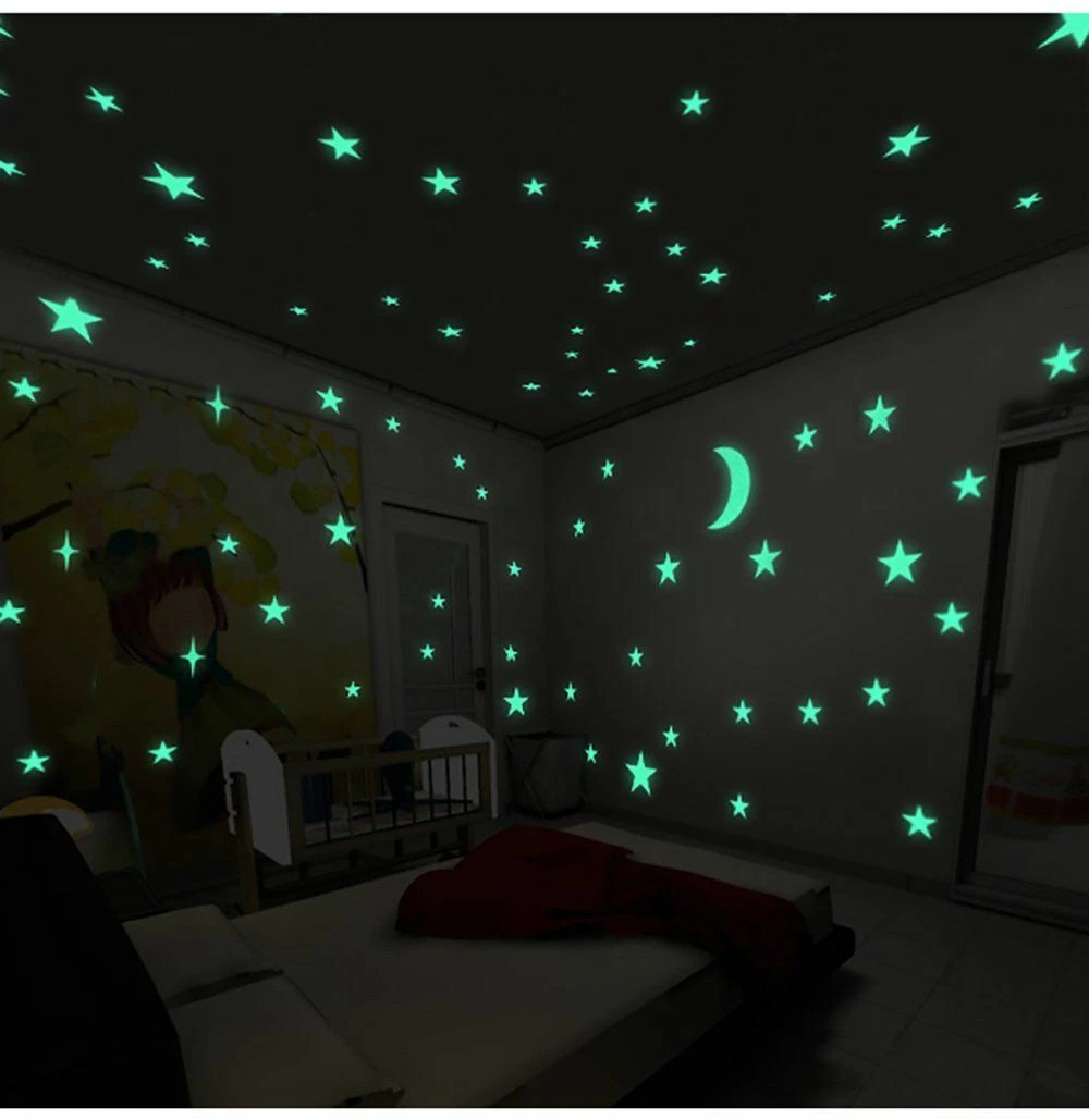 Bedroom Plastic Stickers Ceiling 100 Glow Stars and 1 Moon In LUMOUS Star  Wall